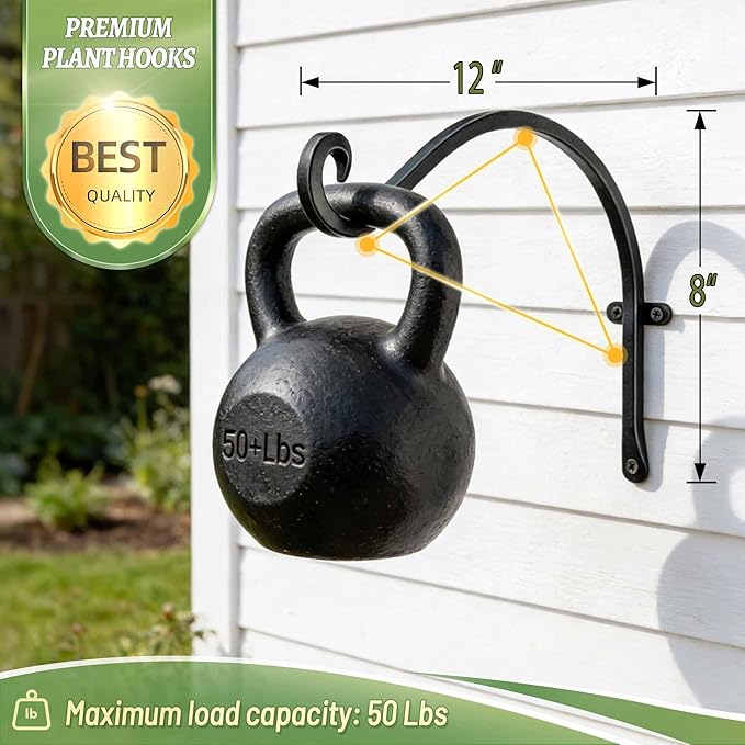 Lifyzoon Hanging Plant Brackets Outdoor: 2 Pack 12 Inch Metal Plant Hangers Wall Hooks - Can Hold 50 Lbs Heavy Duty Outdoor Hooks for Hanging Bird Feeders, Flower Baskets, Lanterns, Wind Chimes
