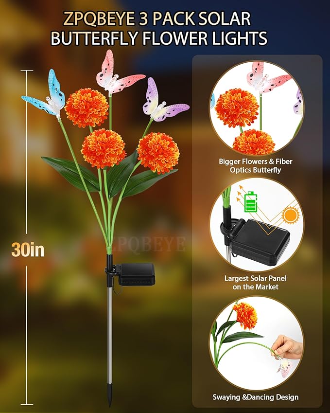 Solar Garden Lights Outdoor Waterproof Decorative 3 Pack Swaying Butterfly Light with 9 Big Flowers Solar Lights for Outside Garden Decor Patio Yard Landscape, Gifts for Women Mother's Day