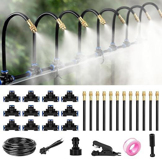 39FT Garden Mister System, Automatic Garden Watering System with 360-degree Bending Dropper Atomizing Copper Nozzle, Drip Irrigation System for Garden, Greenhouse, Yard, Lawn, Plant (12 Spray Nozzles)