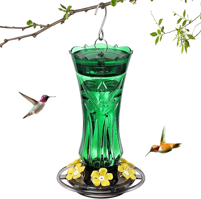 Jealoeur Hummingbird Feeder for Outdoors Hanging, 18 OZ Humming Birds Feeders with 6 Bee Guard Feeding Ports & Built-in Ant Moat, Easy to Clean, Durable Outdoor Garden Decor (Green 1 Pack)
