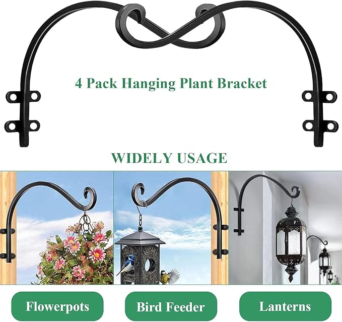 6 Pack Heavy Duty Plant Hanger Bracket, 16Inch Hanging Brackets for Plants Outdoor and Indoor, 80lbs Holding Capacity Metal Plant Wall Hooks, Black Hanging Plant Brackets for Flower Wind Bird Feeder