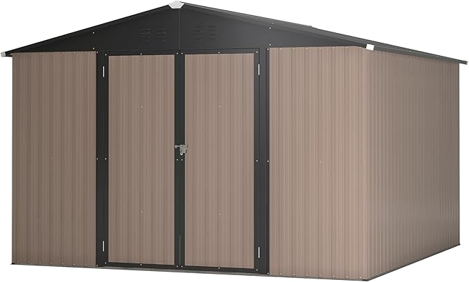 KEIKI Storage Shed 10x10 FT, Large Metal Tool Shed for Outdoor Storage, Galvanized Steel Garden Shed with Lockable Doors for Patio, Backyard, Lawn, Brown