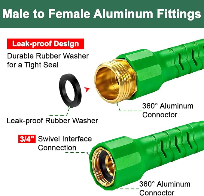 50FT Flexible Garden Hose & 10Modes Nozzle,Lightweight Water Hose,Kink-Free,All-Weather 3/4 in. NoneExpanding Hose for RV,Boat,Car Wash,Garden,Yard,Camper,Outdoor (Green-Black, 50Ft)