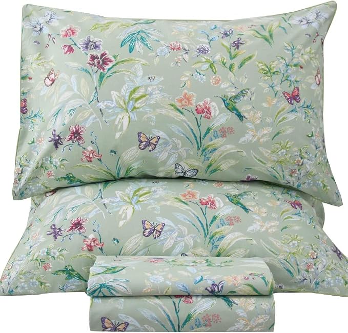 QSH 100% Egyptian Cotton Sheets Twin Size, Green Flower Bird Butterfly Pattern Botanical Luxury Printed Bedding Flower Twin Bed Sheets for Girl Kid Extra Soft 4pcs Deep Pocket Floral Bed Sheet