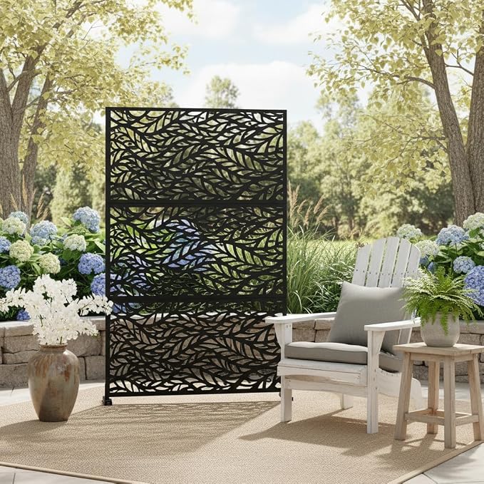 Privacy Screen Outdoor Metal Fence Panel, 72" H x 47" W Freestanding Decorative Privacy Fence for Patio, Deck, Balcony, Backyard, Garden with Stable Base