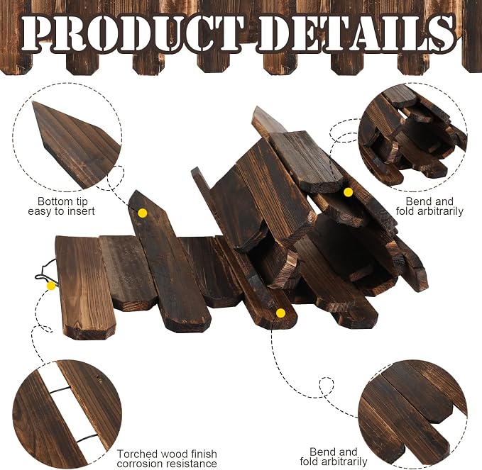 Bucherry 4 Pcs Wood Garden Edging Border No Dig Landscape Edging Anti Corrosive Lawn Picket Fence with Gloves Decorative Flower Bed for Yard Patio Pathway Tree Outdoor 7.9 x 47 Inch