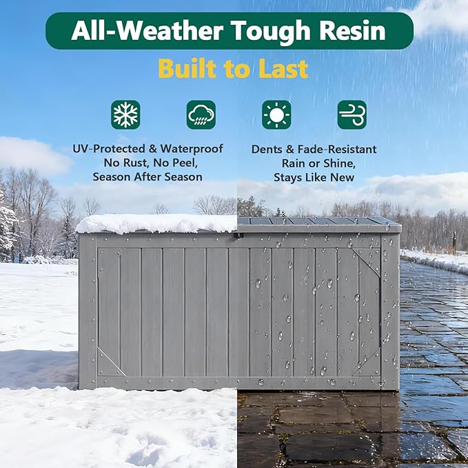 Outdoor Storage Box, 98 Gallon Deck Box, Outdoor Storage Bench, Waterproof Resin Storage Bench with Lockable Lid, Patio Furniture Cushions & Garden Tools Storage, UV Resistant (Gray)