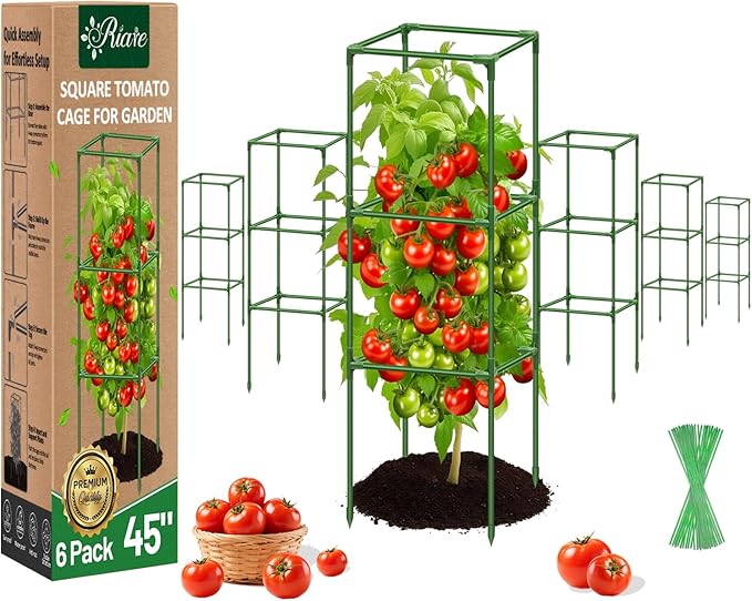 Riare 6 Pack Square Tomato Cages for Garden- 45 Inch Heavy Duty Tomato Stakes Plant Support, Metal Tomato Trellis for Climbing Plants Outdoor, Raised Garden Bed, Vegetables Flowers