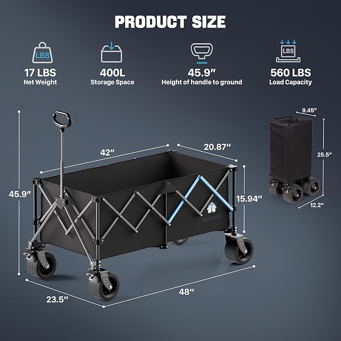 48" XL Collapsible Wagon Cart, 400L Heavy Duty Folding Wagon with All-Terrain Wheels, 560 lbs Capacity Utility Wagon for Camping, Garden, Sports, Beach and Shopping