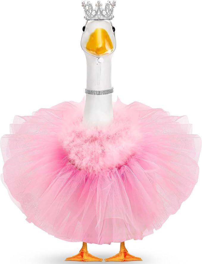 4 Pcs Princess Porch Goose Outfit for 23" 17" Cement Lawn Goose Costume Crown Necklace Tutu Skirt Feather Trim for Princess Outdoor Garden Lawn Art Decor(Pink)