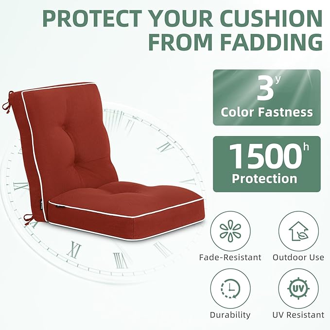Favoyard Outdoor Rocking Chair Cushion 17 × 17 Inch Water Resistant & 3-Year Color Fastness Patio Chairs Cushions for Rockers Furniture, Set of Seat & Back Thick Tufted Cushion with Tie Straps, Red