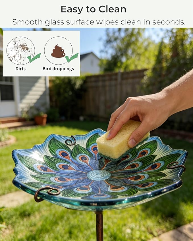 Glass Bird Bath with Stake 10.5" – Shallow Bird Bath for Outside Garden Backyard – Decorative Birdbath & Feeder for Patio Lawn – Hand-Painted Glass Water Dish, Peacock