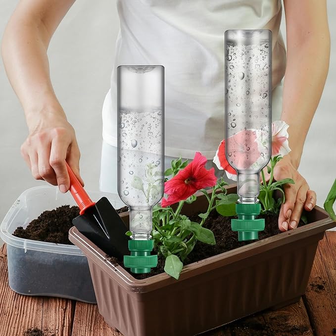SiliFine 4 Set Plant Watering Devices Include Self Watering Spikes and 26 oz Plastic Bottles Plant Waterer Devices with Adjustable Control Valve Switch Indoor Outdoor (Clear)