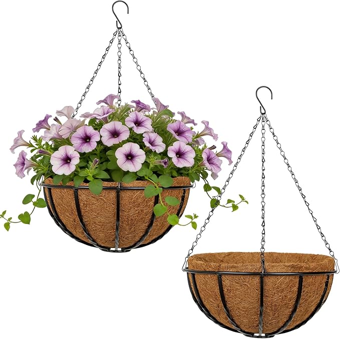 14 Inch Metal Hanging Basket with Coco Coir Liner for Flowers Planting, 2 Pack Hanging Baskets for Plants Outdoor, Round Wire Twisted Planters with Chain for Home Patio Porch Balcony Garden Decor