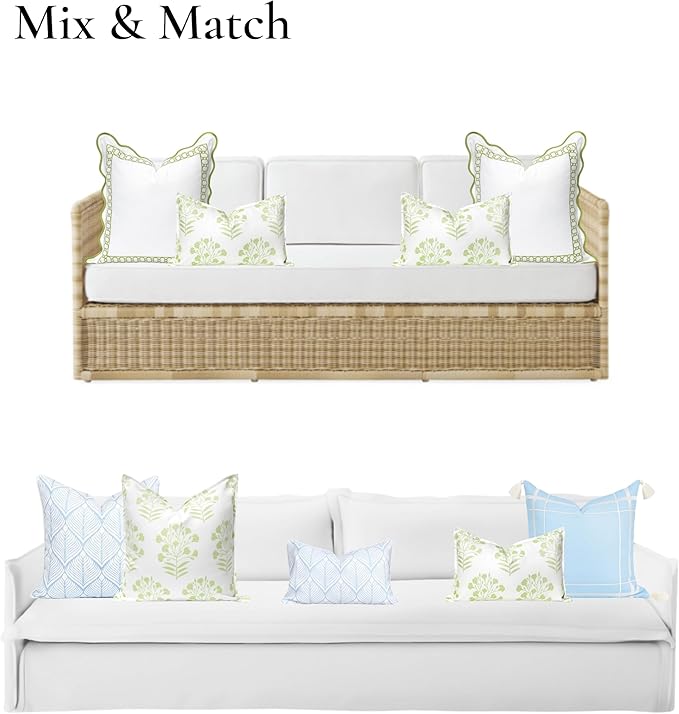 Hofdeco Premium Coastal Patio Indoor Outdoor Lumbar Pillow Cover Only, 12"x20" Water Repellent for Backyard, Couch, Green Print Floral (Pack of 2)