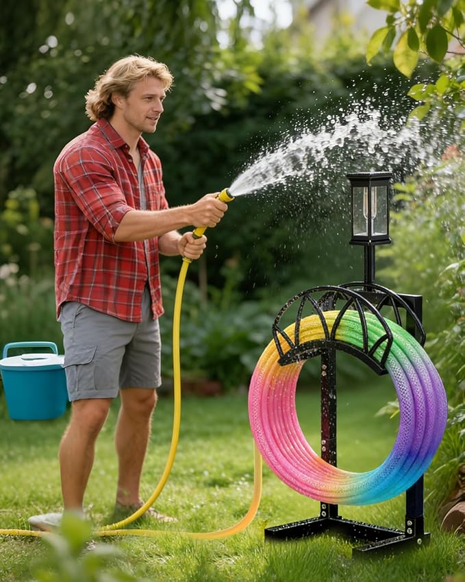 HZE Garden Hose Holder, Freestanding Water Hose Holder Stand for Outside with Solar Light, Heavy Duty Detachable Metal Garden Tube Storage Hanger Rack Holds 160 FT for Yard Lawn Farm, Black