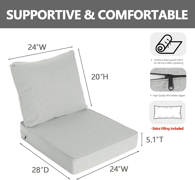 Goodgoods 24 x 28 Outdoor Patio Deep Seat Cushions 2-Pack, 1000+ Hours Fade-Resistant & Water-Resistant Outdoor Furniture Chair Cushions with 30D High-Resilience Foam for Sofa Chair, Gray