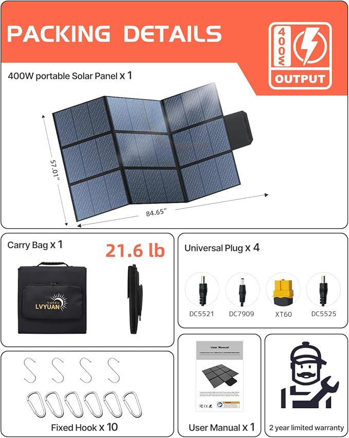 LVYUAN 400W Portable Solar Panel, 36V Foldable Blanket Solar Panel IP64 Waterproof, Upgraded 23% Efficiency for Solar Power Station Generator for Outdoor Camping Backpacking Hiking, 22 Pounds