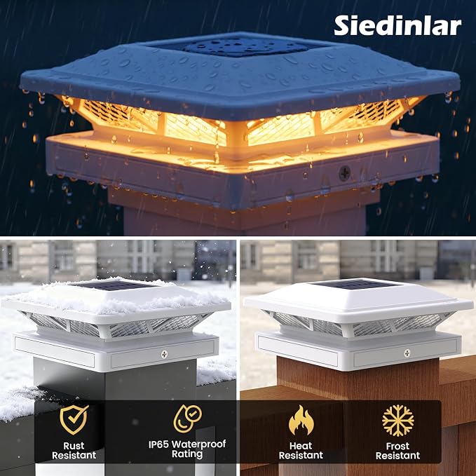 SIEDiNLAR Solar Post Cap Light 2 Modes 2 Pack, 3.5x3.5 4x4 4.5x4.5 5x5 Vinyl/Wooden Posts, Waterproof Outdoor Lighting for Fence Deck Patio Garden Decor, White/Warm (White)