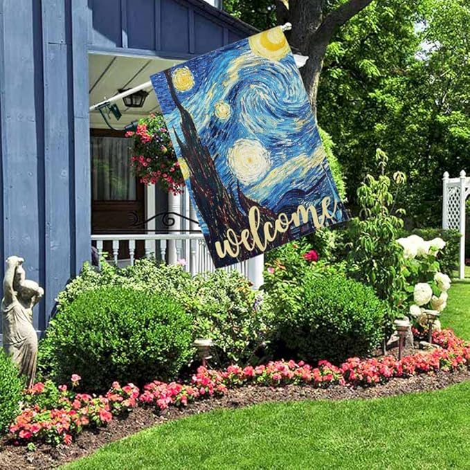 AOYEGO Starry Night Welcome House Flag Vertical Double Sided Burlap Farmhouse Yard Outdoor Seasonal Flags Decoration 28 x 40 Inches
