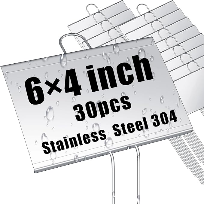Landhoow 30 Pcs Large Garden Plant Markers Metal Plant Labels Sign 4'' x 6'' with 11'' Stake Weatherproof Waterproof Garden Sign for Outdoor Tree Seedlings Herbs Vegetable Greenhouse, Silver