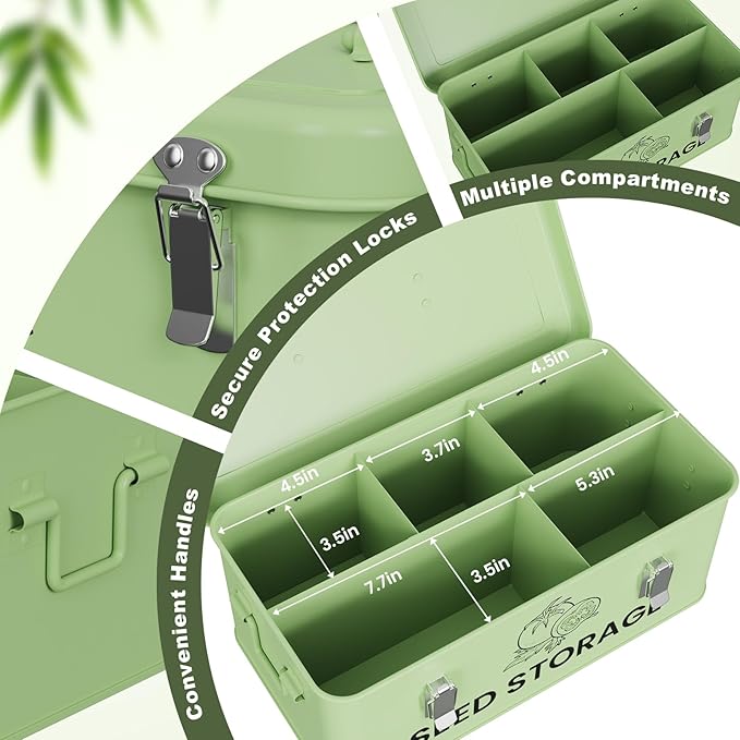 Seed Storage Organizer Box, Metal Seed Box, Garden Seed Organizer with Lid, Seed Containers Storage with 5 Compartments, 30 Seed Holder Organizers, 100pcs Seed Envelopes (Green)