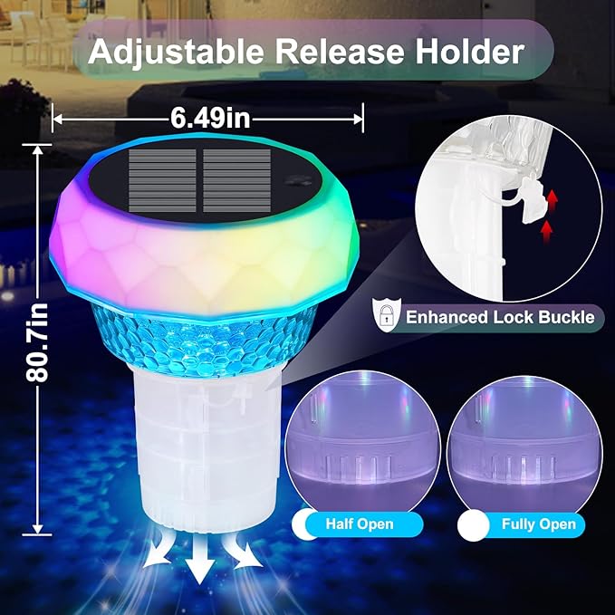 Solar Pool Chlorine Floater 2 Packs,Floating Colorful Induction Lights Chlorine Dispenser for 4x3'' Tablets, Adjustable Release & Easy Opening Holder for Indoor & Outdoor Swimming Pool Hot Tub and Spa