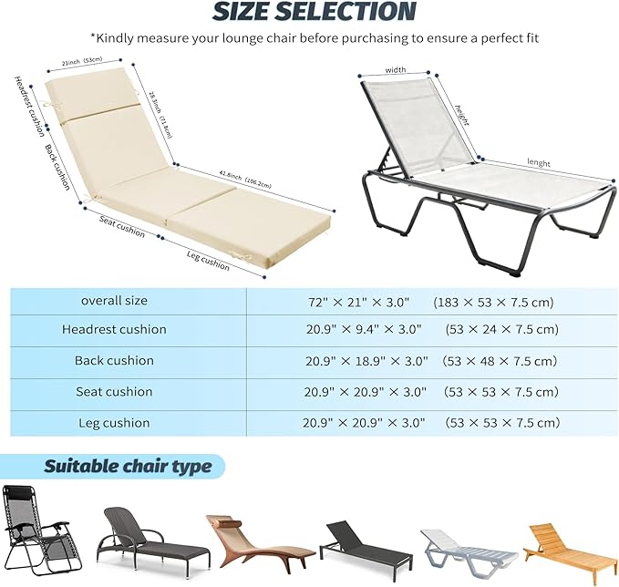 Outdoor Chaise Lounge Cushion 72" x 21" x 3", 4-Section Folding Patio Lounge Chair Cushion with Ties, Waterproof & Fade Resistant Replacement Cushion for Pool, Patio, Deck (Beige, 2 Pcs)