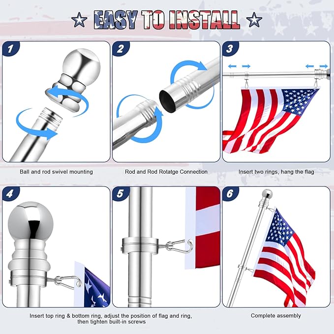 Flag Pole for House, REERON 6 FT Stainless Steel Spinning Flagpole Kit, 1" Rustproof Porch Flagpole with 360° Tangle Free Metal Flagpole Ring for Residential Outdoor Sport for 3x5 Flag, Without Holder
