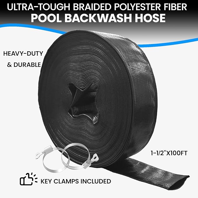 Poolvio Backwash Hose 1-1/2" x 100 ft, Heavy-Duty Lay-Flat Reinforced PVC Discharge Hose with 2 Stainless Steel Thumb Screw Clamps, Leak-Resistant for Inground & Above-Ground Pool Filters