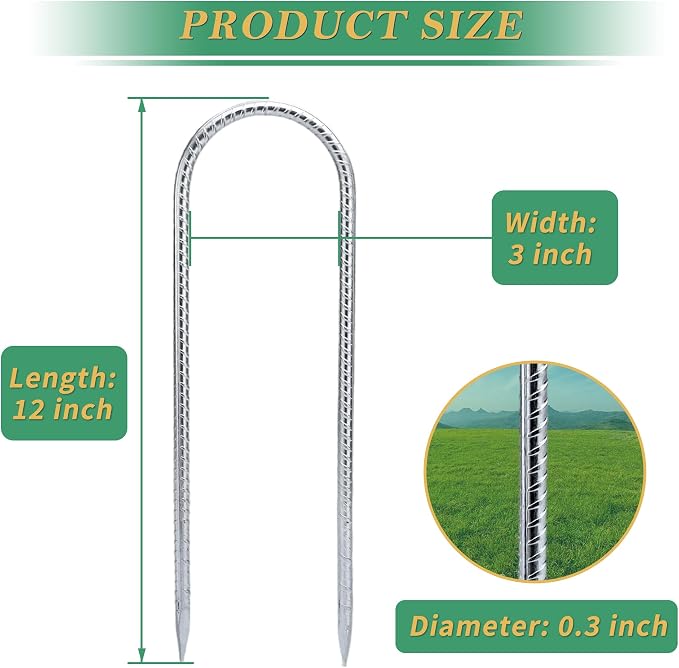 YANYUCB Ground Anchors,8 Pack Galvanised Threaded Steel Rebar Stakes,Trampoline Stakes,12 Inch Heavy Duty U Hook Ground Stakes for Fixing Tents,Swing Frames,Trampolines,Gardening