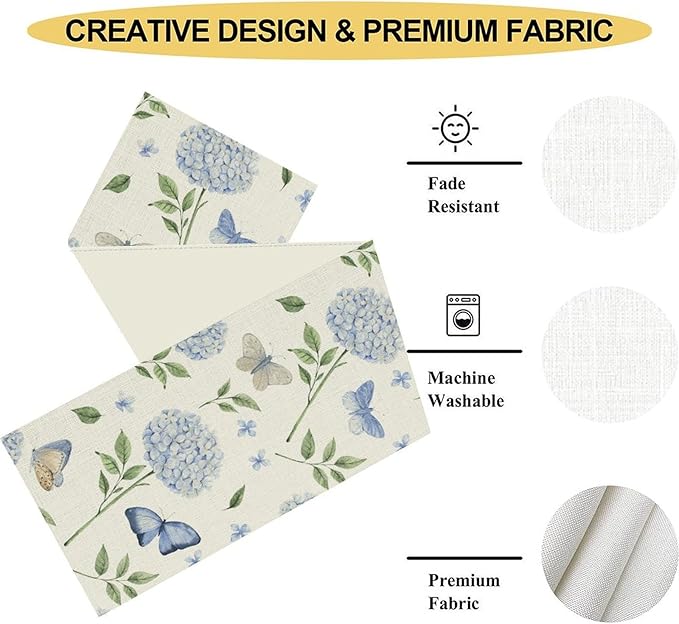 Blue Hydrangea Table Runner, Rustic Boho Watercolor Floral Spring Summer Seasonal Flower Butterfly Farmhouse Coffee Table Center Decor for Family Kitchen and Dining Party Table Decorations, 13"x108"