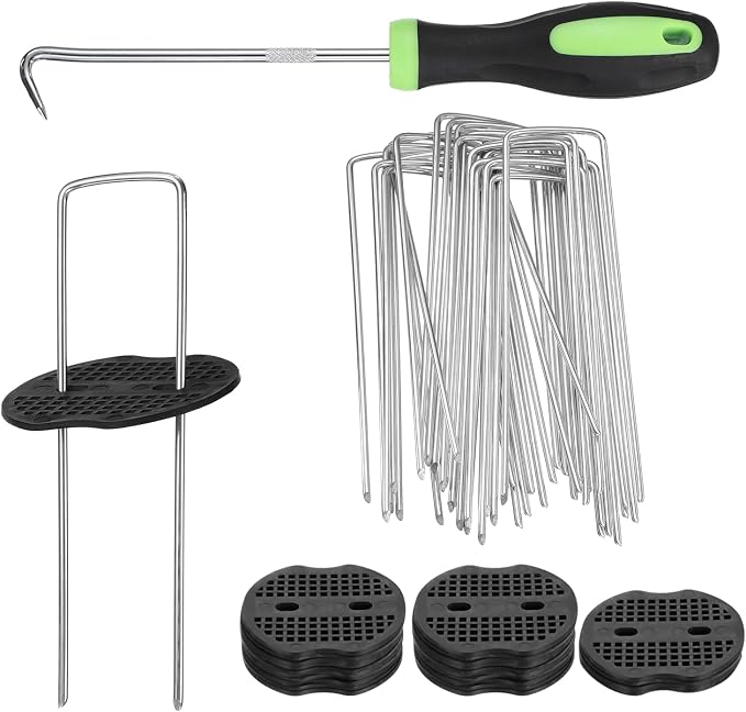 uxcell 25Pcs Garden Stakes, 6 Inch 11 Gauge Galvanized Landscape Staples U-Type Turf Stake Sod Pin Plant Stakes with Gasket&Hook for Landscaping Securing Weed Barrier Fabric, Silver