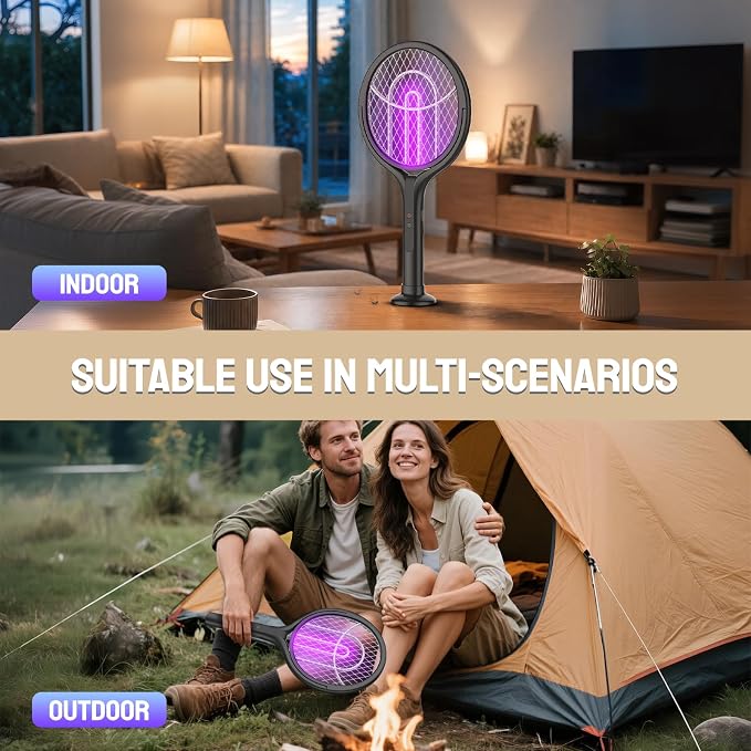Mosiller Rotating Head Electric Fly Swatter, 4000V Bug Zapper with 1800mah Rechargeable Battery, 2 in 1 Purple Mosquito Light Killer with Rotating Head for Indoor Home Patio Camp Office(Black)