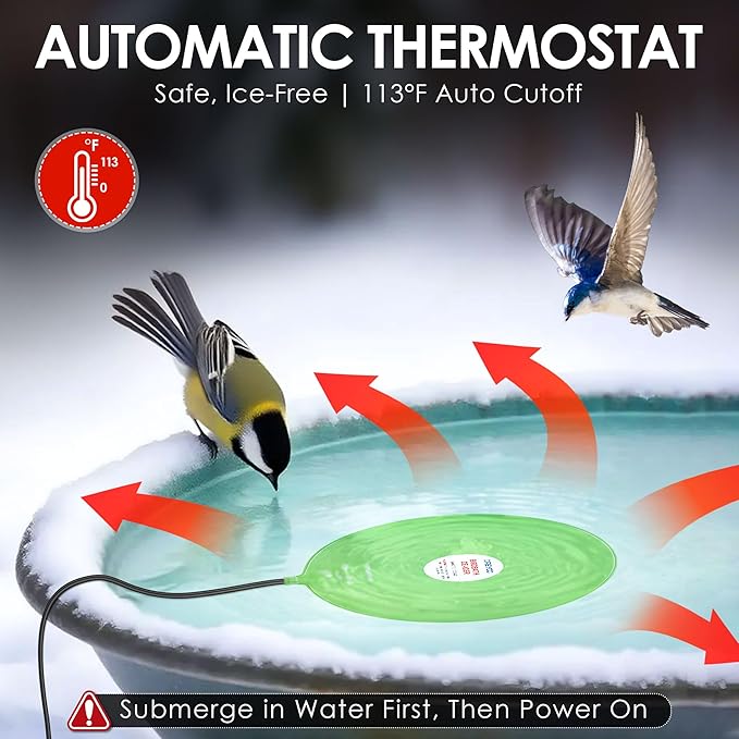 Dreyoo 60W Bird Bath Heater, Submersible De Icer for Outdoor Winter Use, Thermostatic Control, IP65 Waterproof, Chicken Water Heater for Birds, Poultry, Livestock, Wildlife Drinking(1 Pack)