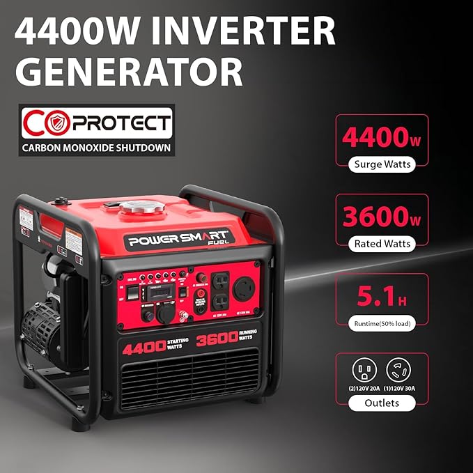 4400-Watt Portable Inverter Generator, Gas Powered, CO-Sensor, Lightweight & Quiet for Home Use and Emergency Backup, Camping, EPA Compliant