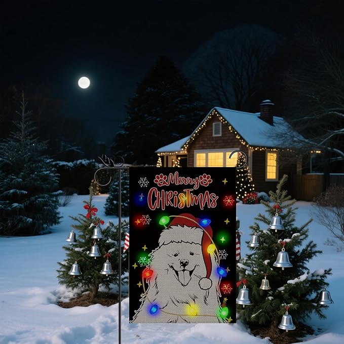 Christmas Dog Garden Flag - Led Samoyed Christmas Decor for Outside, Welcome Garden Flags Double-Sided Flag for Seasonal Christmas Winter Farmhouse Yard Lawn Decoration Gifts 12x18 inches