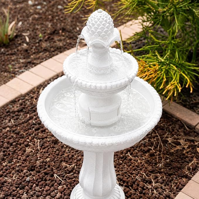 XBrand 39" 2-Tier Outdoor Freestanding Solar Water Fountain - Classic Design, White Resin Bird Bath with Pump - Ideal for Yard, Lawn and Garden, Porch Décor
