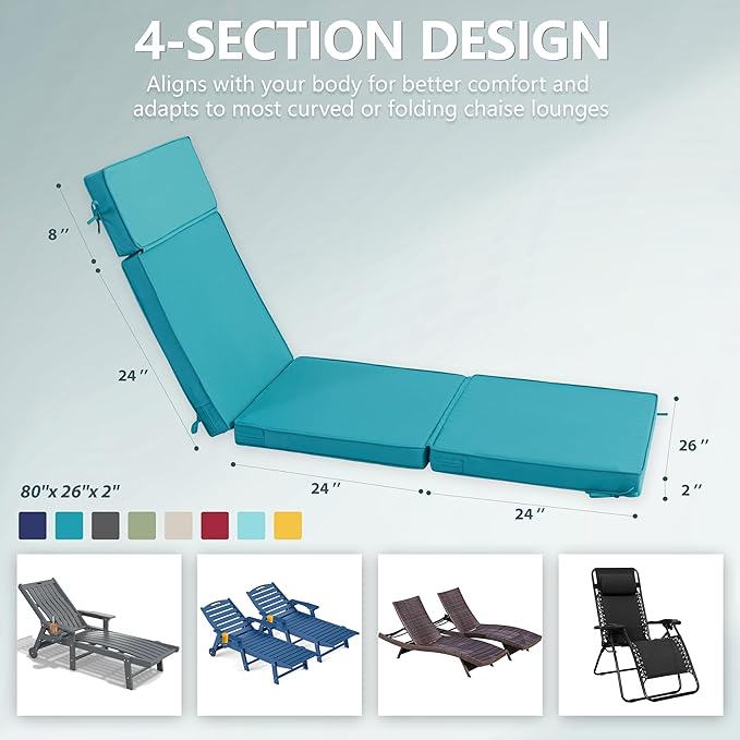 80 x 26 Inch Outdoor Chaise Lounge Cushions Set of 2 - Removable Cover, 4-Section Design, Water-Repellent & Fade-Resistant, 6 Tie Straps, Replacement for Patio & Pool Chairs - Teal