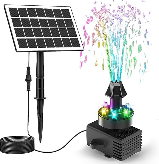 Jutai Solar Fountain Kit Colorful Lights,3.5W Glass Panel Solar Water Pump with 2000mAH Battery, Sucker & Stake for Bird Bath, Garden, Outdoor, Water Feature-16.4ft Power Cord,7 Nozzles