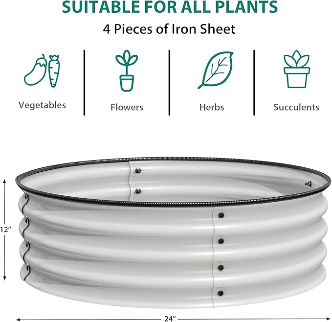 2 x 1FT Round Galvanized Raised Garden Bed – Metal Planter Box Kit with Rust & Corrosion Protection, Safe Rubber Edge, Open Bottom Design – Easy Assembly for Vegetables, Flowers, Fruits