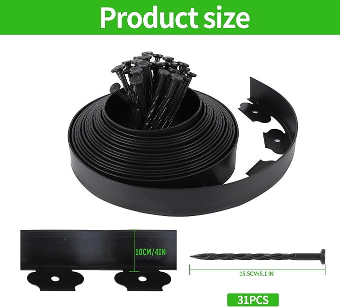 Landscape Edging Borders 33FT Extra Tall 4IN Outdoor Edging Borders Plastic Flexible with 30pcs Stakes,Mini Plastic Fence for Landscaping Yard Flowerbeds,Grass-Black