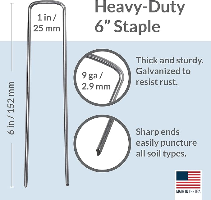 Pinnacle Mercantile Garden Stakes 6 Inch 9 Gauge Galvanized Steel Landscape Staples, Heavy Duty Landscape Fabric Stakes 100 Pack for Weed Barrier, Sod, Edging, Fencing and Drip Irrigation Made in USA