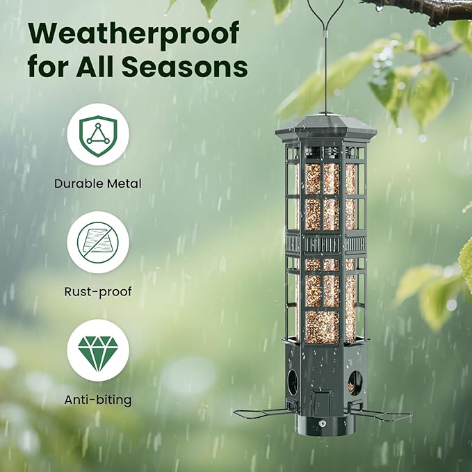 Squirrel Proof Bird Feeder for Outdoors, Chew-Proof & Weather Resistant, 3 Port, Gravity Spring Hanging Metal Bird Feeder, 3LB Large Capacity, Attract Wild Birds