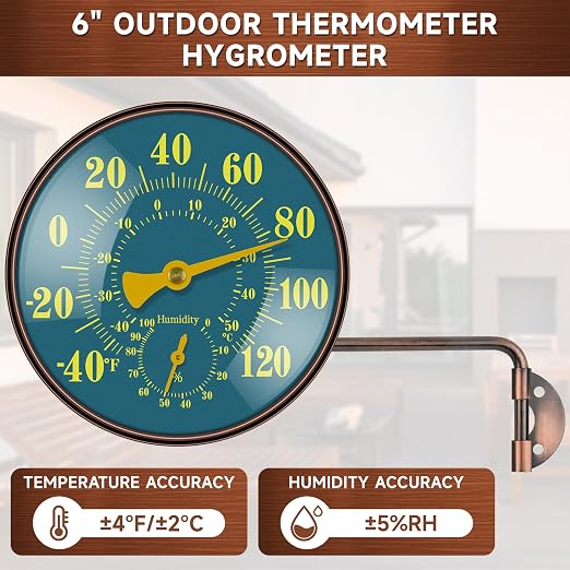 6 Inch Outdoor Thermometer Hygrometer, Large Brass Retro Patio Thermometer, Waterproof Temperature Gauge with Easy to Read Window for Home, Patio, Garden, Garage Wall Mount