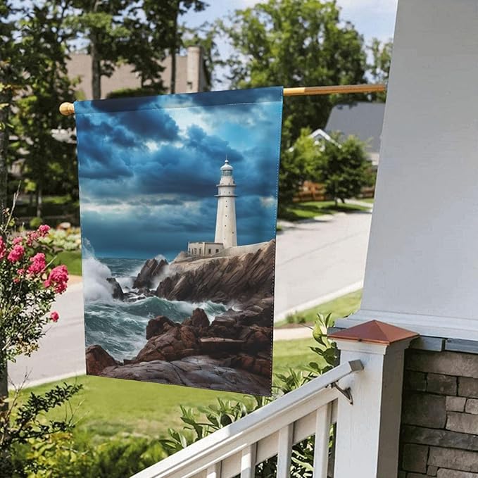 Delerain Lighthouse Wave Garden Flag, 12.5 x 18 Inch Double Sided Design Weather Resistant Indoor & Outdoor Decoration Small Banner For Home Yard Lawn Patio Office