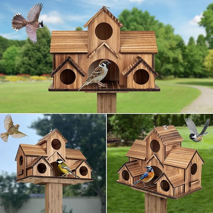 Bird Houses for Outside, 5-Hole Wooden Birdhouse for Bluebirds Finch Swallow Wren Chickadee Hummingbird, Hanging Bird House for Outdoor Clearance Garden Courtyard