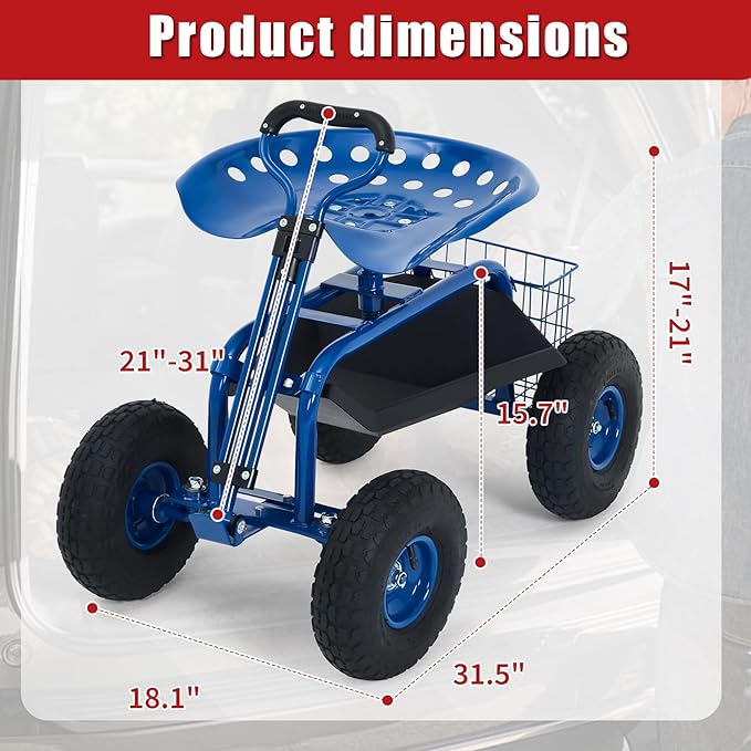 Garden Cart Rolling Workseat with Wheels, 360° Swivel Gardening Stool, Extendable Steering Handle & Utility Tool Tray, 10-Inch Inflatable Tires, Reinforced Steel Construction for Patio, Yard, Outdoor