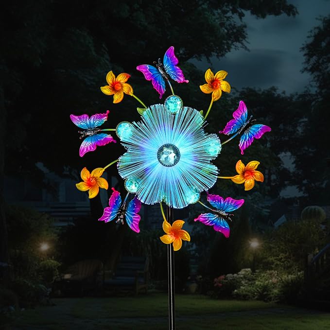 44" Butterfly Wind Spinners Garden Stake, Solar Flower Butterfly Wind Sculpture Yard Art Decorations for Lawn, Patio & Yard & Garden Decor, Metal Whirligigs Wind Spinners Outdoor Decor