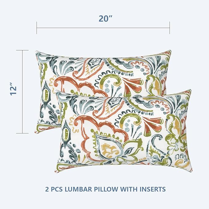 LVTXIII Outdoor/Indoor Lumbar Pillows, Decorative Patio Lumbar Cushions, Fluffy Water Repellent Garden Cushions for Home Patio Coach Sofa Use, 12×20 Inch, Pack of 2, Paisley Botanical